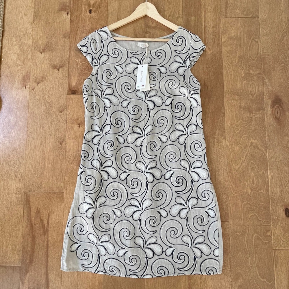 Lina Tomei Pure Linen Embroidered Shift Dress Made in Italy Beige XL